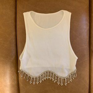 ZARA Women Rhinestone Fringe Crop Tank Top, White, Size XS